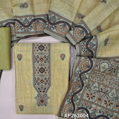 Pastel yellow silk cotton unstitched salwar material,floral buttas on front,thread weaving on yoke and daman,(Silky, Lining Needed)silky bottom, floral buttas on silk cotton dupatta with thread weaving pallu and borders(TAPPING NEEDED). AP262004