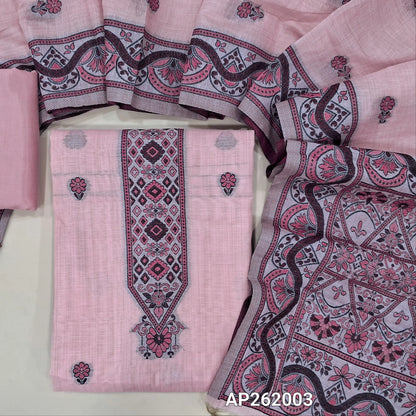 Pastel pink silk cotton unstitched salwar material,floral buttas on front,thread weaving on yoke and daman,(Silky, Lining Needed)silky bottom, floral buttas on silk cotton dupatta with thread weaving pallu and borders(TAPPING NEEDED). AP262003