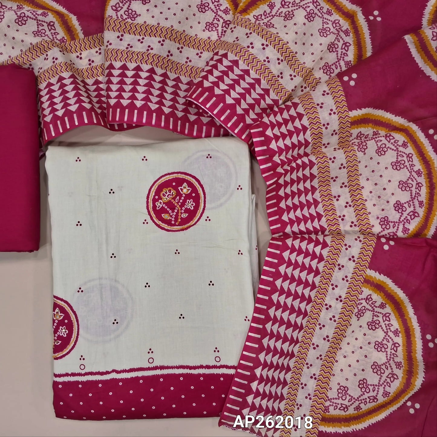 Off white base satin cotton unstitched salwar material, floral design with sequins work on front, contrast daman,(lining needed) dark pink spun cotton bottom,printed cotton dupatta. AP262018