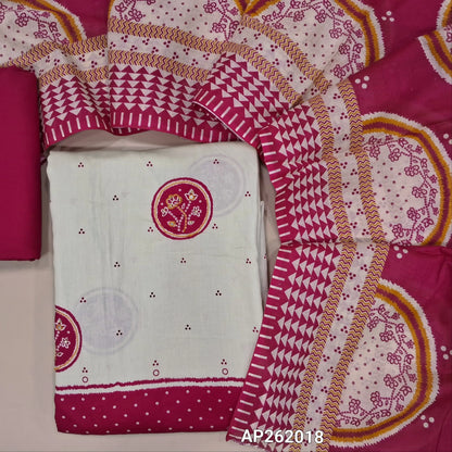 Off white base satin cotton unstitched salwar material, floral design with sequins work on front, contrast daman,(lining needed) dark pink spun cotton bottom,printed cotton dupatta. AP262018