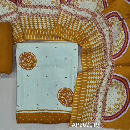 Off white base satin cotton unstitched salwar material, floral design with sequins work on front, contrast daman,(lining needed) mehandhi yellow spun cotton bottom,printed cotton dupatta. AP262019