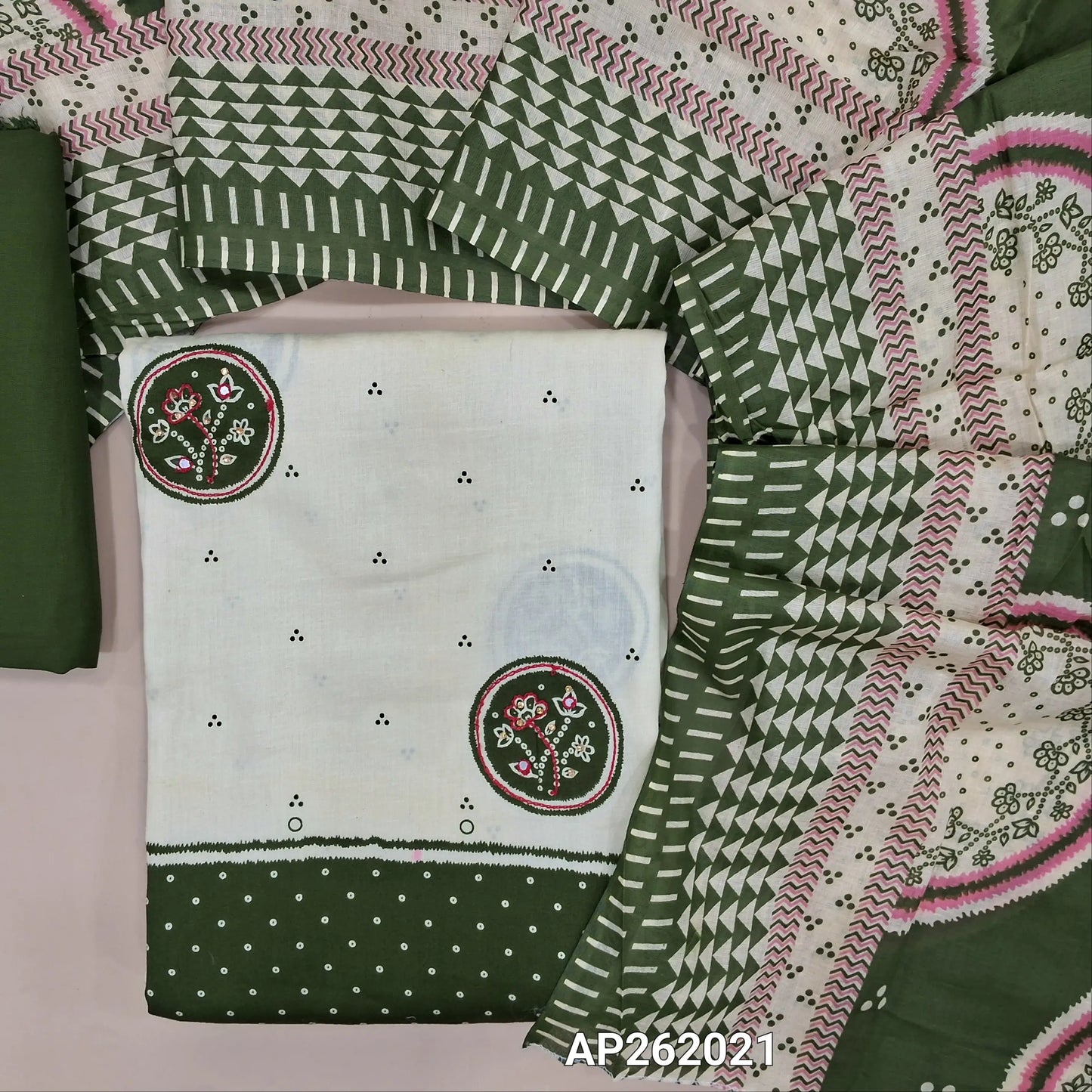 Off white base satin cotton unstitched salwar material, floral design with sequins work on front, contrast daman,(lining needed) green spun cotton bottom,printed cotton dupatta. AP262021
