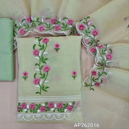Light green premium kota unstitched salwar material,panel design,rich embroidery, embroidered daman (Lining Needed)matching cotton bottom,rich embroidery work on full length kota dupatta with scallop edges. AP262016