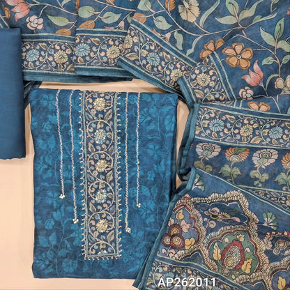 Dark blue printed silk cotton unstitched salwar material, zari and sequins work on yoke, (lining needed)santoon bottom,digital printed silk cotton dupatta. AP262011