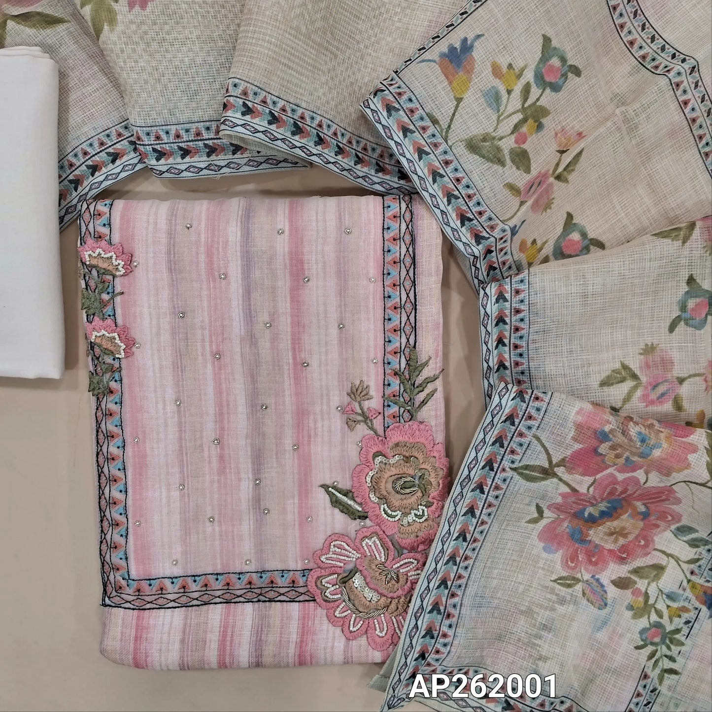 Pastel pink premium linen unstitched salwar material,floral embroidery,zardozi and pearl bead work on yoke(textured, lining needed)spun cotton bottom,digital printed premium linen dupatta. AP262001