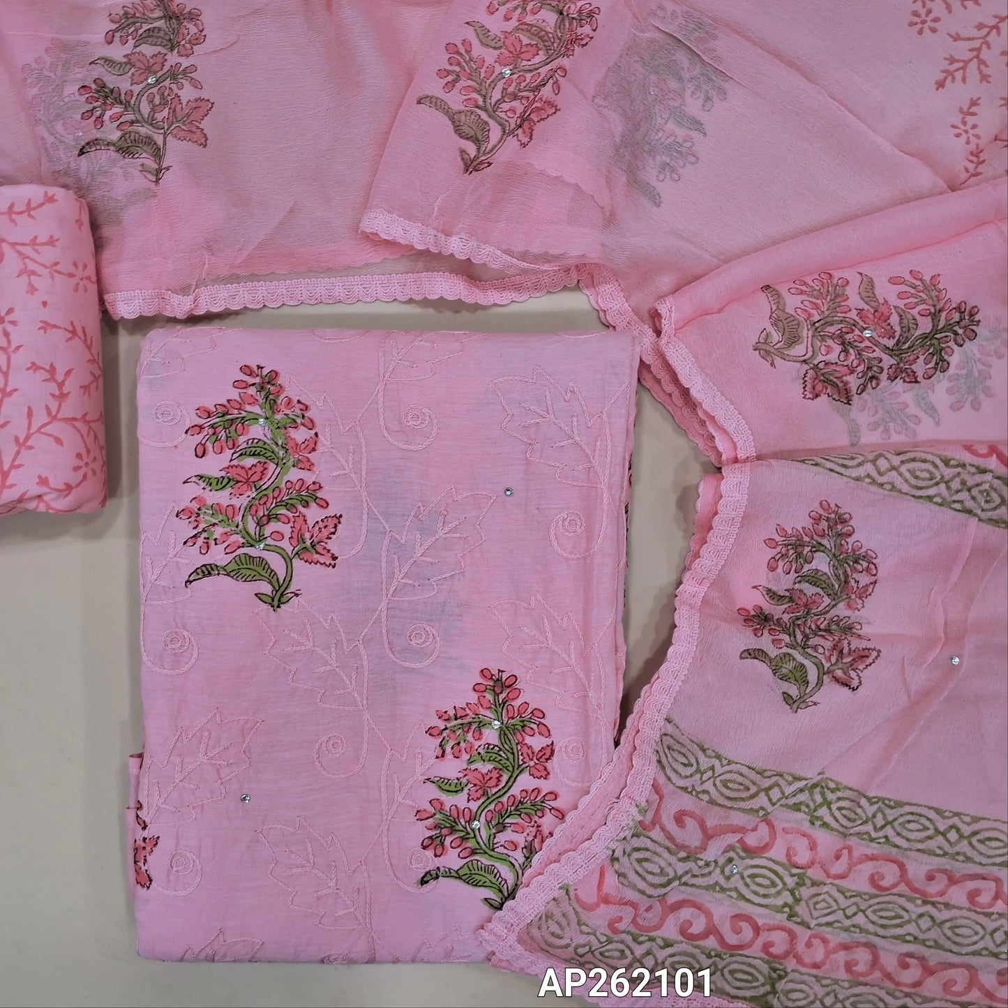 Pastel pink hand block printed pure cotton unstitched salwar material, rich embroidery work on front(lining needed) block printed pure cotton bottom, hand block printed pure chiffon dupatta with lace taping. AP262101
