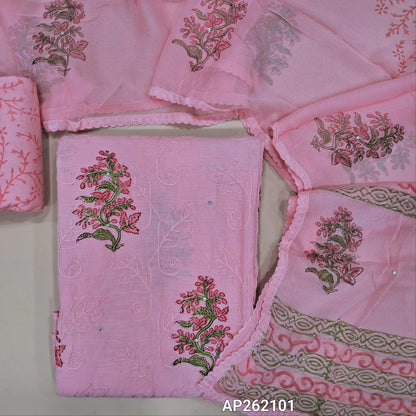 Pastel pink hand block printed pure cotton unstitched salwar material, rich embroidery work on front(lining needed) block printed pure cotton bottom, hand block printed pure chiffon dupatta with lace taping. AP262101