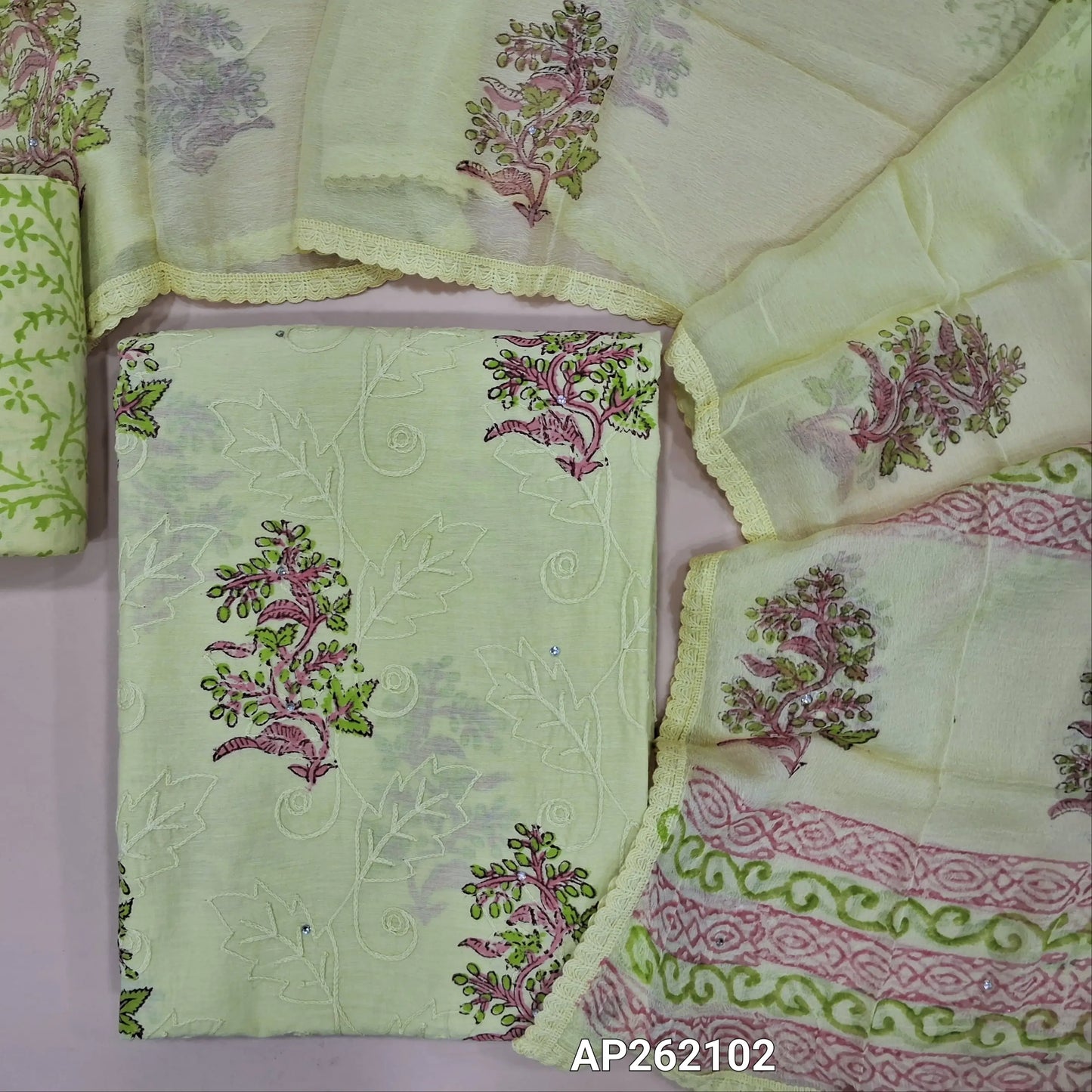 Pastel green hand block printed pure cotton unstitched salwar material, rich embroidery work on front(lining needed) block printed pure cotton bottom, hand block printed pure chiffon dupatta with lace taping. AP262102