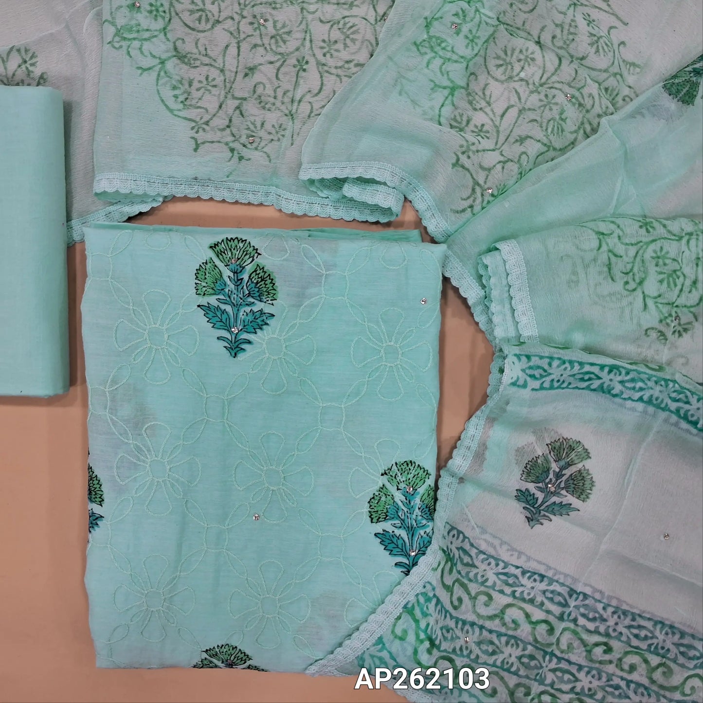 Pastel blue hand block printed pure cotton unstitched salwar material, rich embroidery work on front(lining needed)drum dyed cotton fabric provided for lining, NO BOTTOM,hand block printed pure chiffon dupatta with lace taping. AP262103