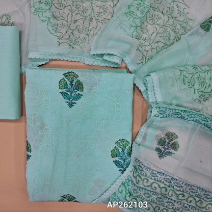 Pastel blue hand block printed pure cotton unstitched salwar material, rich embroidery work on front(lining needed)drum dyed cotton fabric provided for lining, NO BOTTOM,hand block printed pure chiffon dupatta with lace taping. AP262103