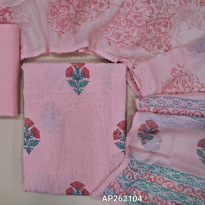 Pastel pink hand block printed pure cotton unstitched salwar material, rich embroidery work on front(lining needed)drum dyed cotton fabric provided for lining , NO BOTTOM,, hand block printed pure chiffon dupatta with lace taping. AP262104