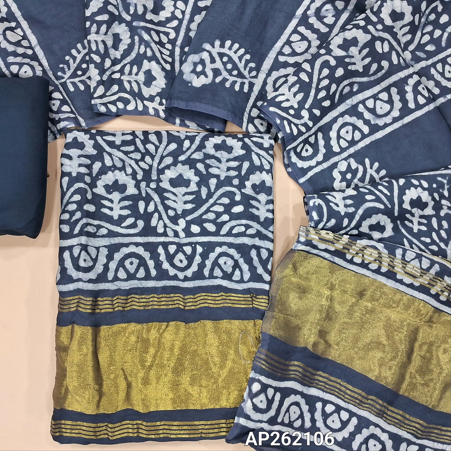 Dark blueish grey Original wax batik dyed fancy silk cotton unstitched salwar material(lining needed) tissue borders on daman, matching spun cotton bottom, batik dyed fancy silk cotton dupatta with tissue border on pallu. AP262106