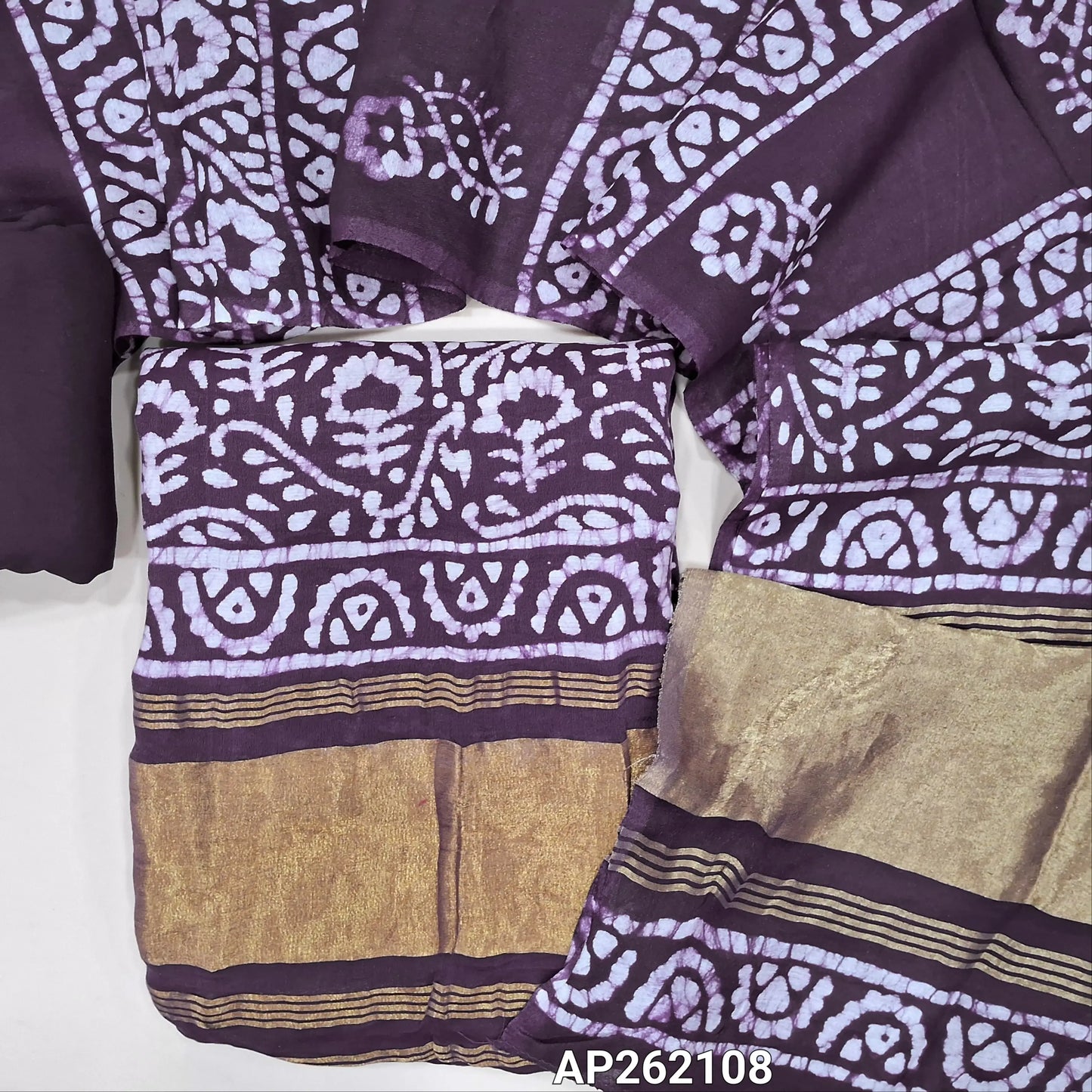 Deep wine purple Original wax batik dyed fancy silk cotton unstitched salwar material(lining needed) tissue borders on daman, matching spun cotton bottom, batik dyed fancy silk cotton dupatta with tissue border on pallu. AP262108
