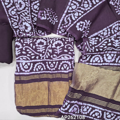 Deep wine purple Original wax batik dyed fancy silk cotton unstitched salwar material(lining needed) tissue borders on daman, matching spun cotton bottom, batik dyed fancy silk cotton dupatta with tissue border on pallu. AP262108