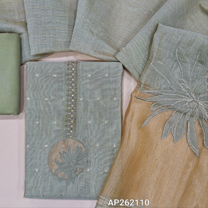 Sage green premium silk cotton unstitched salwar material,bead,antique gold & applique work on yoke(lining needed) zari buttas all over, daman with tissue borders, matching drum dyed cotton bottom, designer premium silk cotton dupatta . AP262110