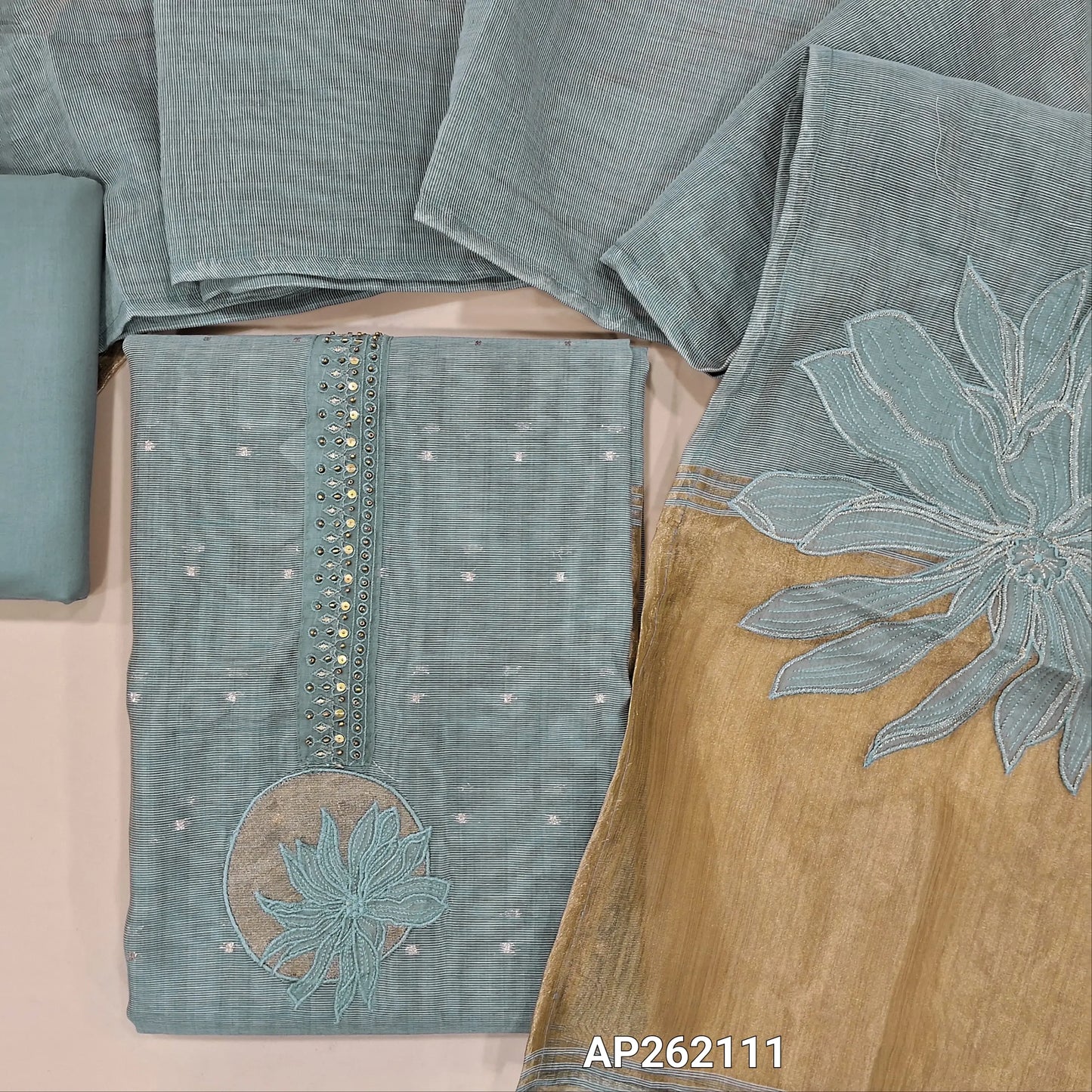Grey shade premium silk cotton unstitched salwar material,bead,antique gold & applique work on yoke(lining needed) zari buttas all over, daman with tissue borders, matching drum dyed cotton bottom, designer premium silk cotton dupatta . AP262111