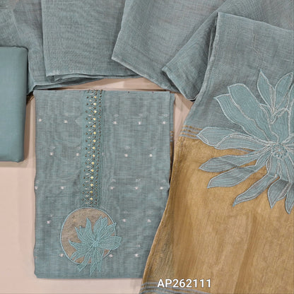 Grey shade premium silk cotton unstitched salwar material,bead,antique gold & applique work on yoke(lining needed) zari buttas all over, daman with tissue borders, matching drum dyed cotton bottom, designer premium silk cotton dupatta . AP262111