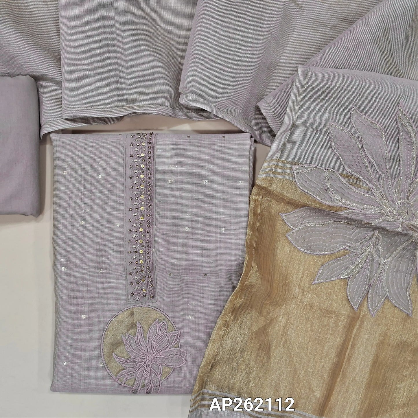 Light onion pink premium silk cotton unstitched salwar material,bead,antique gold & applique work on yoke(lining needed) zari buttas all over, daman with tissue borders, matching drum dyed cotton bottom, designer premium silk cotton dupatta . AP262112