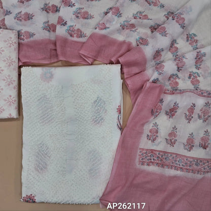 White base pure mul cotton unstitched salwar material, hand embroiderd french knot work on yoke(lining needed) hand block printed allover, pink block printed cotton bottom, hand block printed with pure mul cotton dupatta. (TAPING NEEDED) AP262117