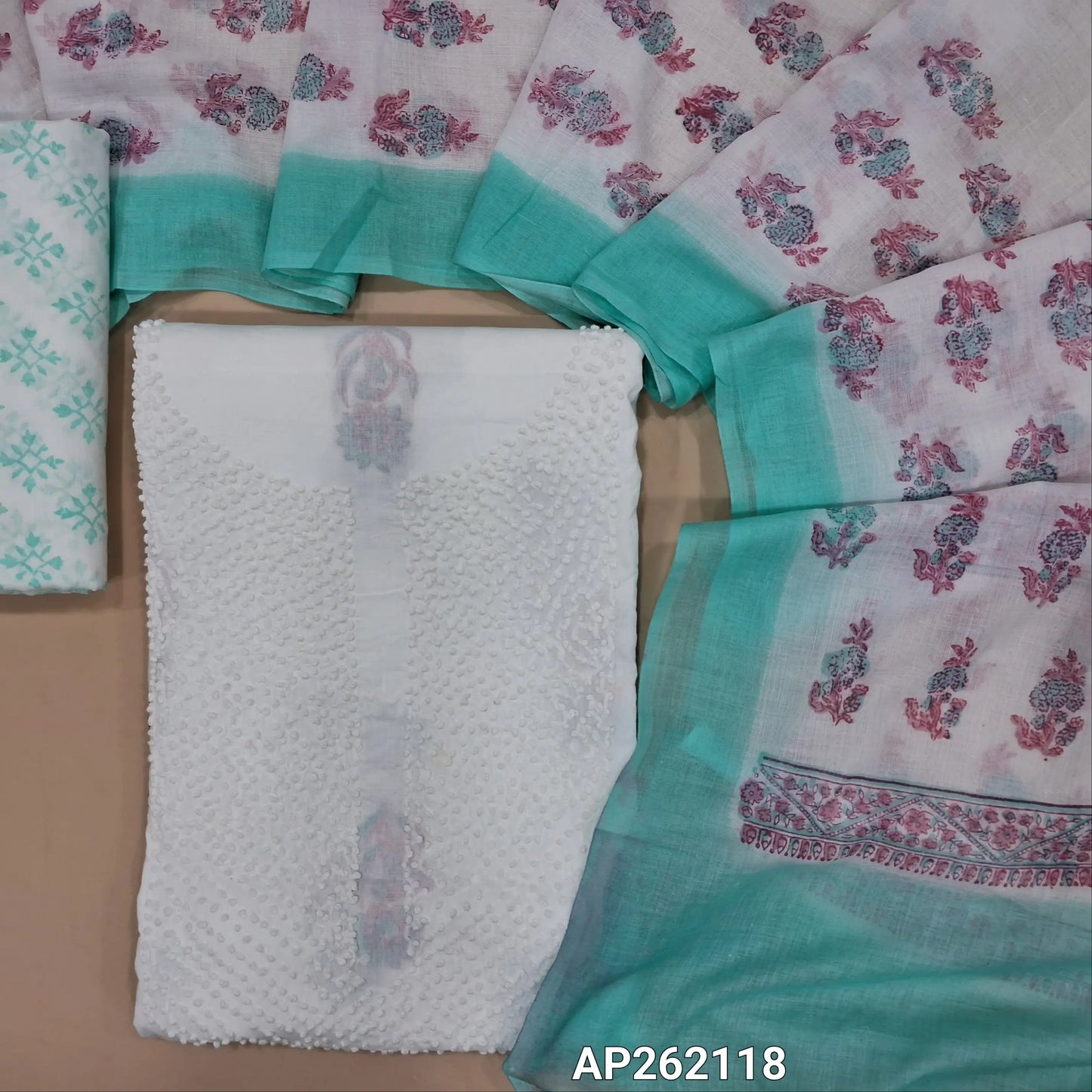 White base pure mul cotton unstitched salwar material, hand embroiderd french knot work on yoke(lining needed) hand block printed allover, blue block printed cotton bottom, hand block printed with pure mul cotton dupatta. (TAPING NEEDED) AP262118