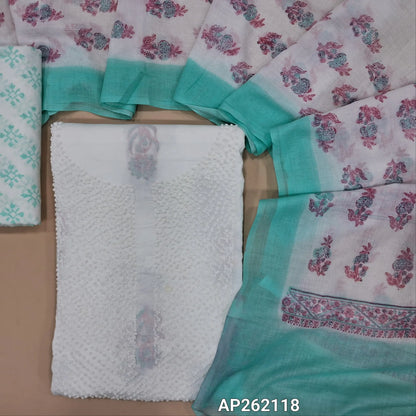 White base pure mul cotton unstitched salwar material, hand embroiderd french knot work on yoke(lining needed) hand block printed allover, blue block printed cotton bottom, hand block printed with pure mul cotton dupatta. (TAPING NEEDED) AP262118