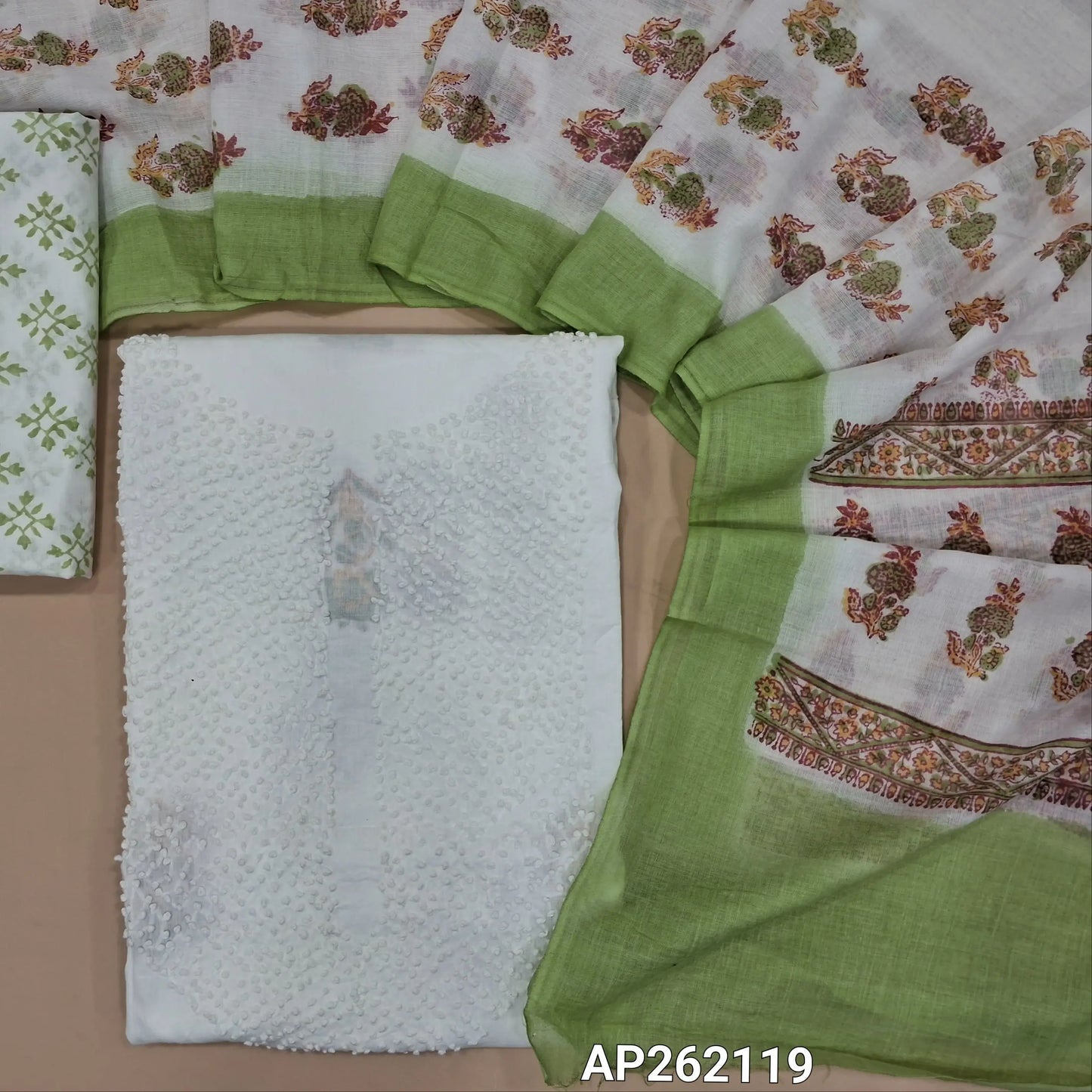 White base pure mul cotton unstitched salwar material, hand embroidered french knot work on yoke(lining needed) hand block printed allover, green block printed cotton bottom, hand block printed with pure mul cotton dupatta. (TAPING NEEDED) AP262119