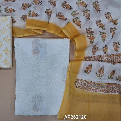 White base pure mul cotton unstitched salwar material, hand embroiderd french knot work on yoke(lining needed) hand block printed allover, yellow block printed cotton bottom, hand block printed with pure mul cotton dupatta. (TAPING NEEDED) AP262120
