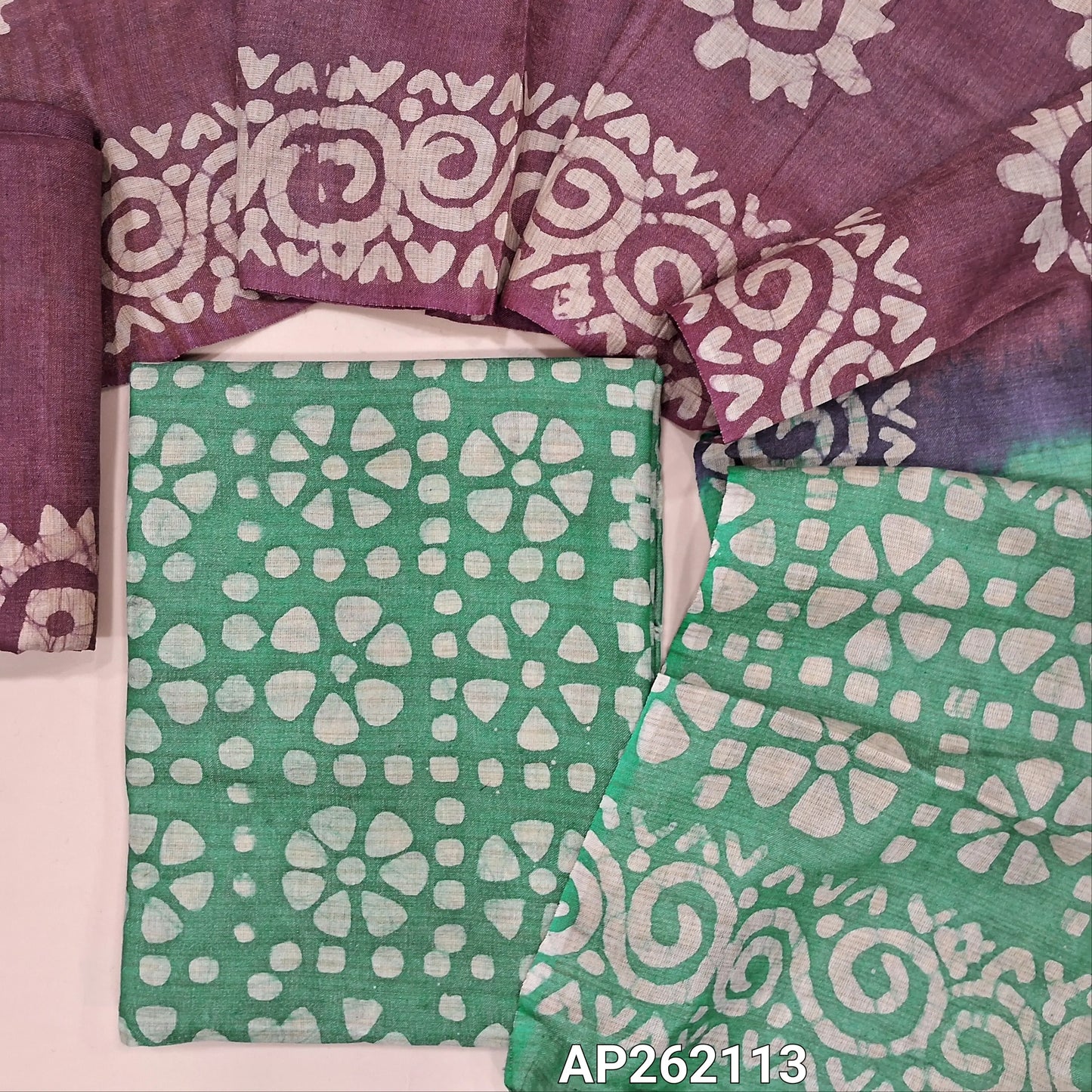 Turqoise green original batik bagalpuri jute silk cotton unstitched salwar material(lining optional)dark purple batik dyed jute silk bottom, dual shaded original batik dyed jute silk dupatta. AP262113