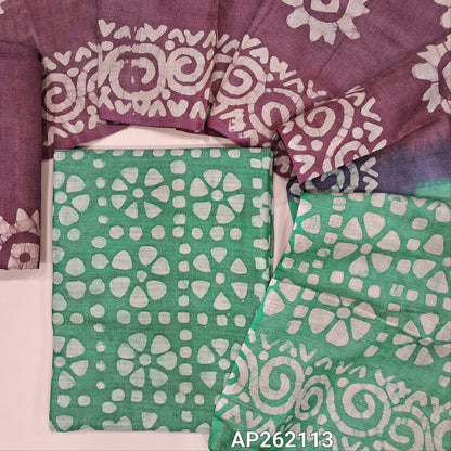 Turqoise green original batik bagalpuri jute silk cotton unstitched salwar material(lining optional)dark purple batik dyed jute silk bottom, dual shaded original batik dyed jute silk dupatta. AP262113