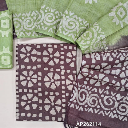 Dark maroon original batik bagalpuri jute silk cotton unstitched salwar material(lining optional) light green batik dyed jute silk bottom, dual shaded original batik dyed jute silk dupatta. AP262114