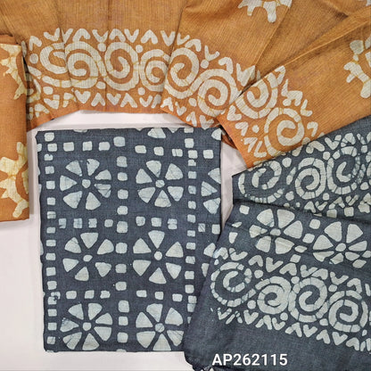 Black original batik bagalpuri jute silk cotton unstitched salwar material(lining optional) mehandhi yellow batik dyed jute silk bottom, dual shaded original batik dyed jute silk dupatta. AP262115