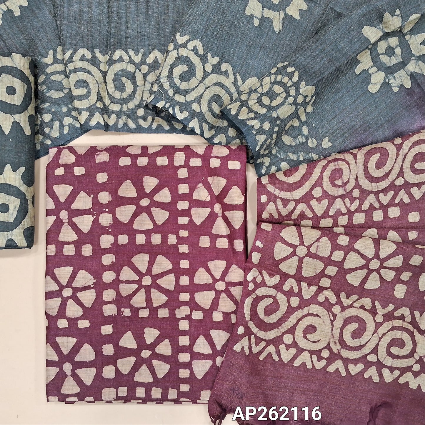 Bright beetroot purple original batik bagalpuri jute silk cotton unstitched salwar material(lining optional) blue batik dyed jute silk bottom, dual shaded original batik dyed jute silk dupatta. AP262116
