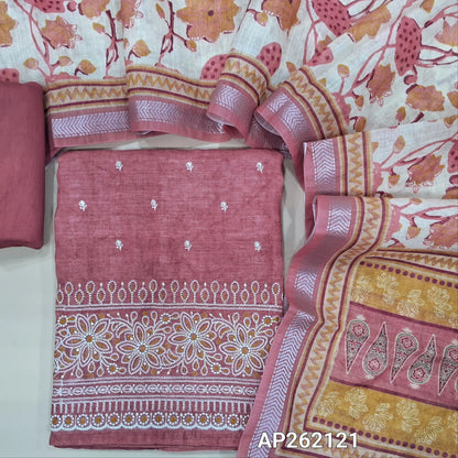 Pink shade abstract printed premium linen unstitched salwar material,floral embroidery work on front( lining needed) rich embroidery work on daman, matching silky bottom, floral printed semi linen dupatta with silver zari borders. AP262121