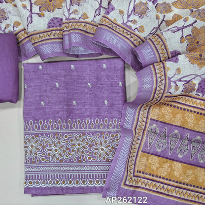 Light purple abstract printed premium linen unstitched salwar material,floral embroidery work on front( lining needed) rich embroidery work on daman, matching silky bottom, floral printed semi linen dupatta with silver zari borders. AP262122