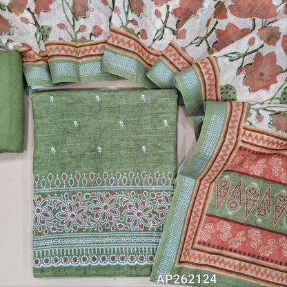 Light leafy green abstract printed premium linen unstitched salwar material,floral embroidery work on front( lining needed) rich embroidery work on daman, matching silky bottom, floral printed semi linen dupatta with silver zari borders. AP262124
