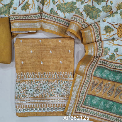 Sandal yellow abstract printed premium linen unstitched salwar material,floral embroidery work on front( lining needed) rich embroidery work on daman, matching silky bottom, floral printed semi linen dupatta with silver zari borders. AP262125