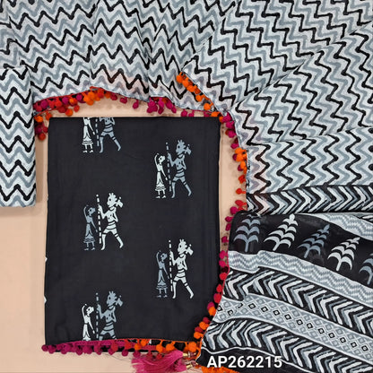 Black pure soft cotton unstitched salwar material, pompom taping on daman,warli printed all over( soft,lining optional)zigzag printed cotton bottom,hand block printed full length mul cotton dupatta with pompom tapping. AP262215