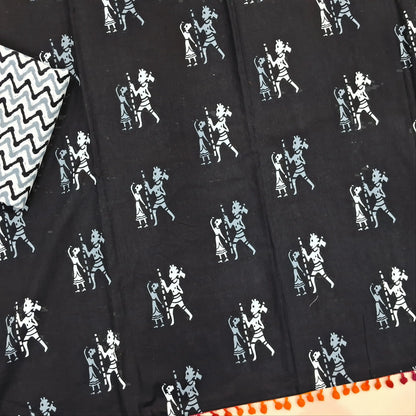 Black pure soft cotton unstitched salwar material, pompom taping on daman,warli printed all over( soft,lining optional)zigzag printed cotton bottom,hand block printed full length mul cotton dupatta with pompom tapping. AP262215