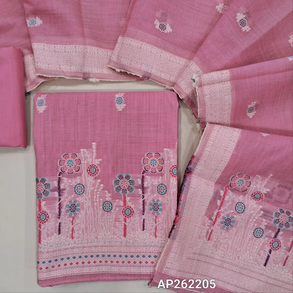 Lotus pink silk cotton unstitched salwar material,thread buttas on front,thread weaving on yoke and daman,(Silky, Lining Needed)matching silky bottom, floral buttas on silk cotton dupatta with thread weaving pallu and borders(TAPPING NEEDED). AP262205
