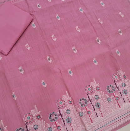 Lotus pink silk cotton unstitched salwar material,thread buttas on front,thread weaving on yoke and daman,(Silky, Lining Needed)matching silky bottom, floral buttas on silk cotton dupatta with thread weaving pallu and borders(TAPPING NEEDED). AP262205