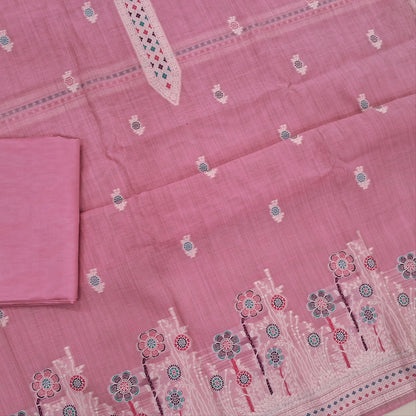Lotus pink silk cotton unstitched salwar material,thread buttas on front,thread weaving on yoke and daman,(Silky, Lining Needed)matching silky bottom, floral buttas on silk cotton dupatta with thread weaving pallu and borders(TAPPING NEEDED). AP262205
