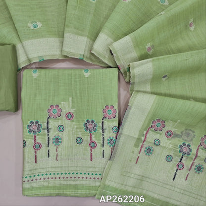 Pastel green silk cotton unstitched salwar material,thread buttas on front,thread weaving on yoke and daman,(Silky, Lining Needed)matching silky bottom, floral buttas on silk cotton dupatta with thread weaving pallu and borders(TAPPING NEEDED). AP262206