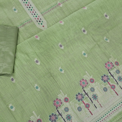 Pastel green silk cotton unstitched salwar material,thread buttas on front,thread weaving on yoke and daman,(Silky, Lining Needed)matching silky bottom, floral buttas on silk cotton dupatta with thread weaving pallu and borders(TAPPING NEEDED). AP262206