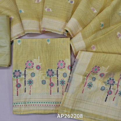 Pastel yellow silk cotton unstitched salwar material,thread buttas on front,thread weaving on yoke and daman,(Silky, Lining Needed)matching silky bottom, floral buttas on silk cotton dupatta with thread weaving pallu and borders(TAPPING NEEDED). AP262208