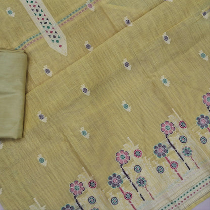 Pastel yellow silk cotton unstitched salwar material,thread buttas on front,thread weaving on yoke and daman,(Silky, Lining Needed)matching silky bottom, floral buttas on silk cotton dupatta with thread weaving pallu and borders(TAPPING NEEDED). AP262208