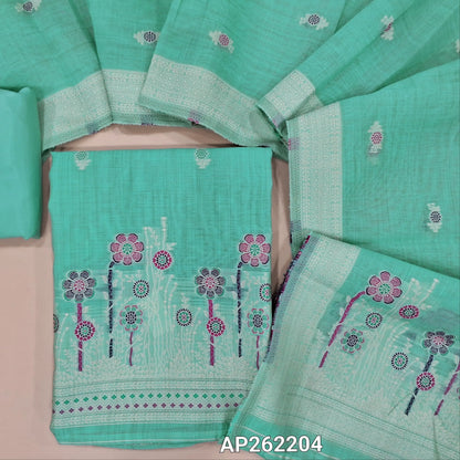 Pastel blue silk cotton unstitched salwar material,thread buttas on front,thread weaving on yoke and daman,(Silky, Lining Needed)matching silky bottom, floral buttas on silk cotton dupatta with thread weaving pallu and borders(TAPPING NEEDED). AP262204