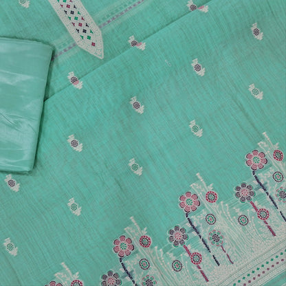 Pastel blue silk cotton unstitched salwar material,thread buttas on front,thread weaving on yoke and daman,(Silky, Lining Needed)matching silky bottom, floral buttas on silk cotton dupatta with thread weaving pallu and borders(TAPPING NEEDED). AP262204