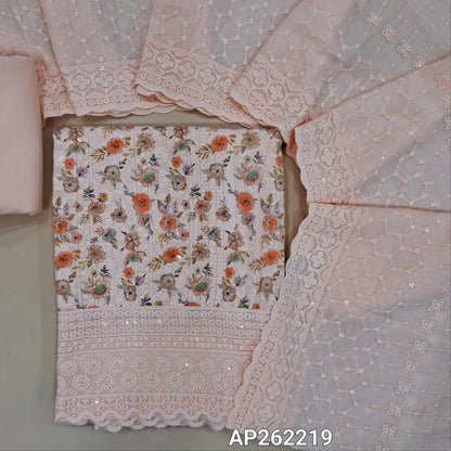 Peachish pink floral printed glazed cotton unstitched salwar material (lining needed) self embroidery andsequins work on front,matching cotton bottom, embroidery and sequins work on mul cotton dupatta with scallop borders.(TAPING NEEDED) AP262219
