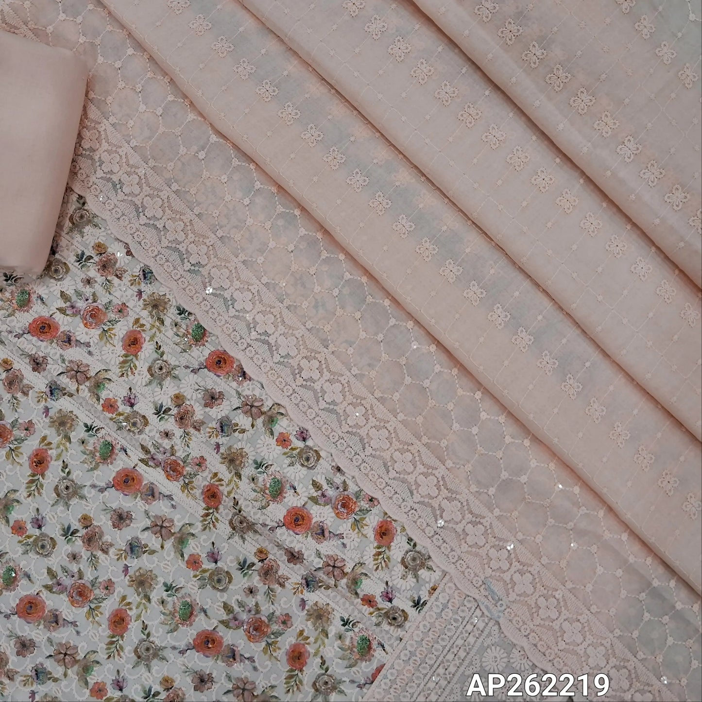 Peachish pink floral printed glazed cotton unstitched salwar material (lining needed) self embroidery andsequins work on front,matching cotton bottom, embroidery and sequins work on mul cotton dupatta with scallop borders.(TAPING NEEDED) AP262219