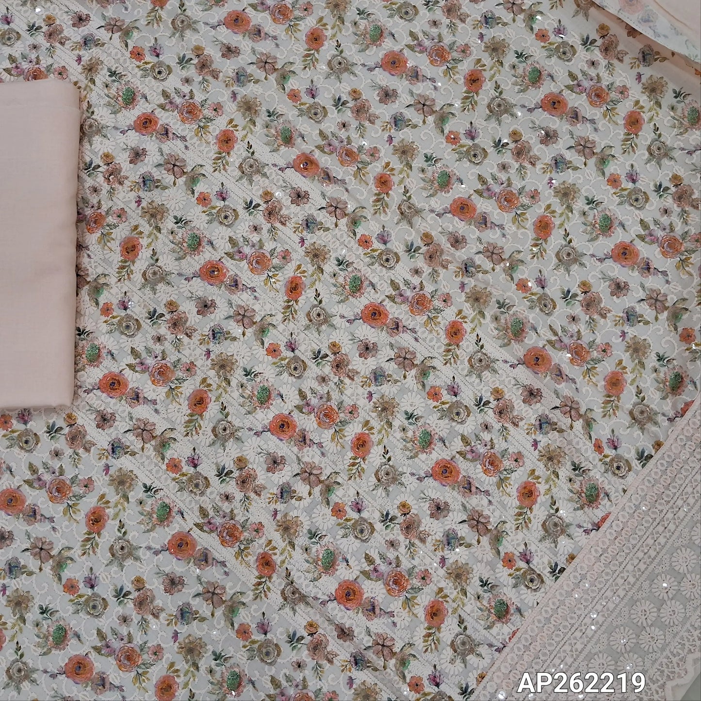 Peachish pink floral printed glazed cotton unstitched salwar material (lining needed) self embroidery andsequins work on front,matching cotton bottom, embroidery and sequins work on mul cotton dupatta with scallop borders.(TAPING NEEDED) AP262219